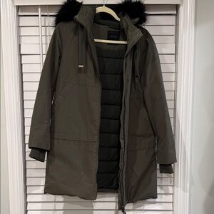 Zara Olive Puffer Coat with Black Faux Fur Hood